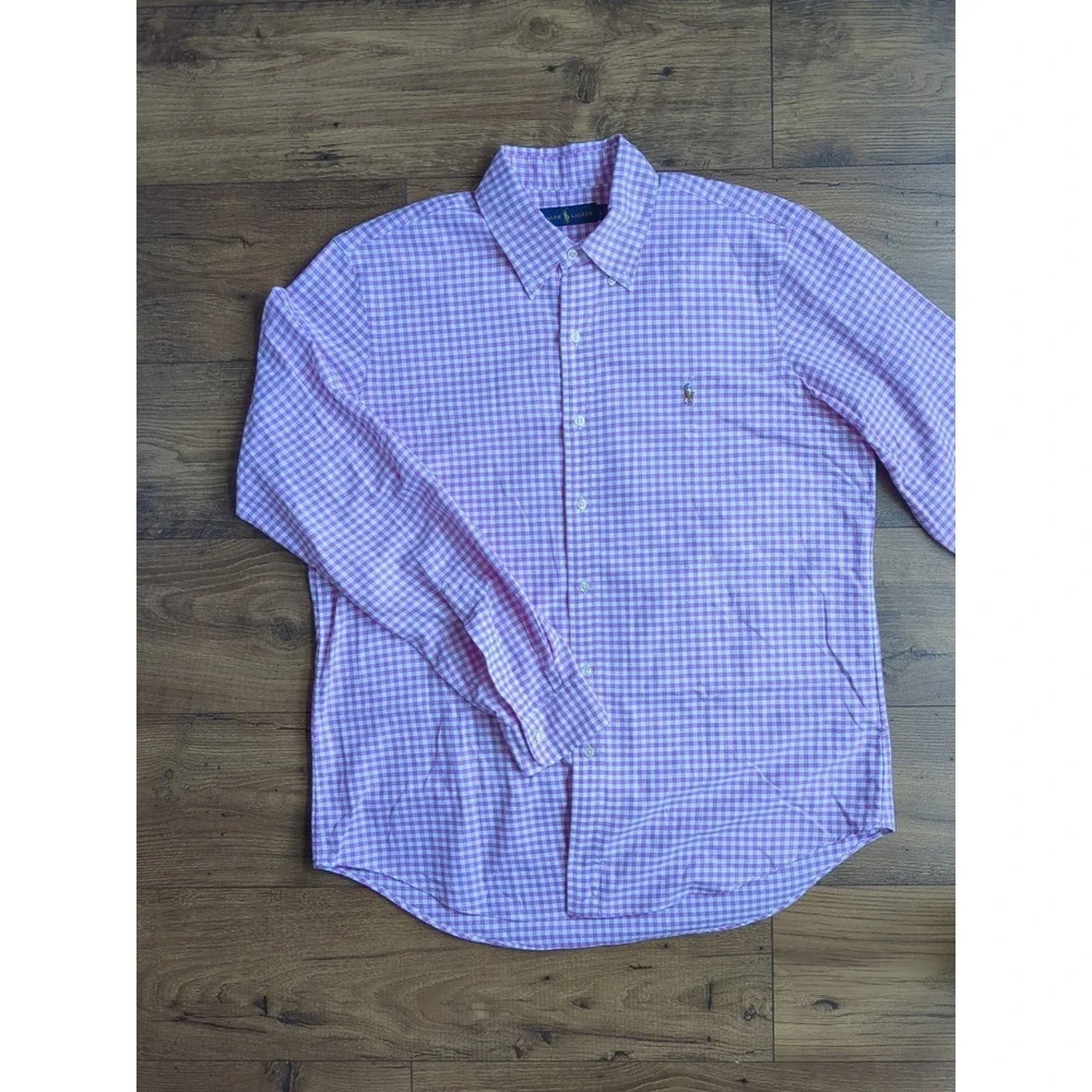 Polo Ralph Lauren Mens L Pink Gingham‎ Long Sleeve Button Shirt Logo - Picture 2 of 9